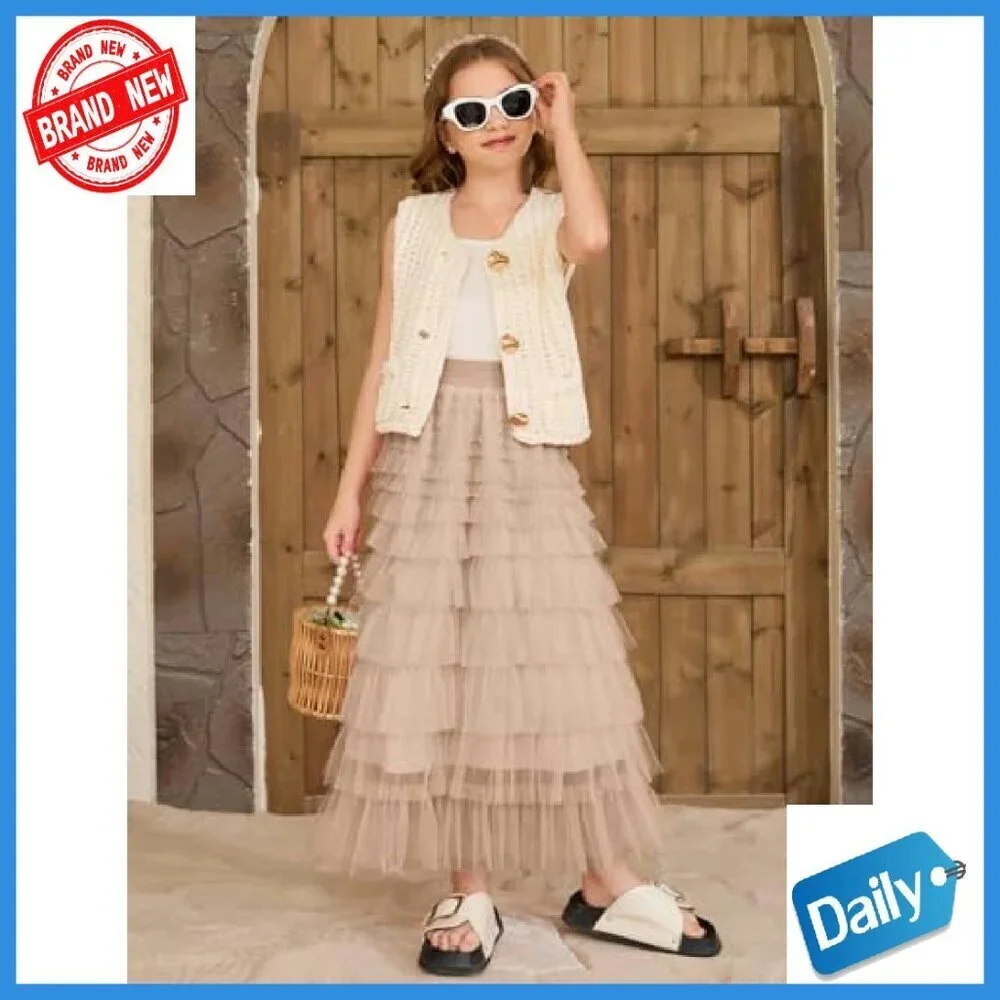 Girls Long Tulle Tutu Skirt A-Line Layered Ruffle Tiered Maxi Petticoat